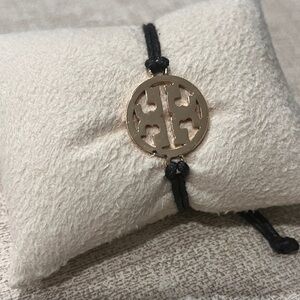 Tory Burch Black Cord Bracelet with Gold Emblem